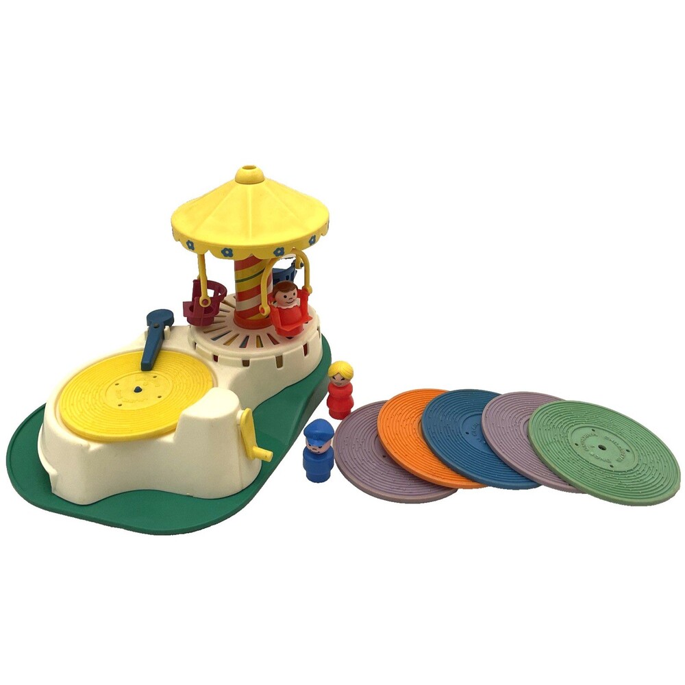 Fisher Price Merry Go Round Record Player 1980 w/ 6 Records & 3 Little People
